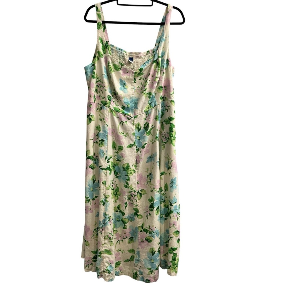 Old Navy Dress Ivory Linen Blend Garden Floral Smocked Maxi 2X Summer Event